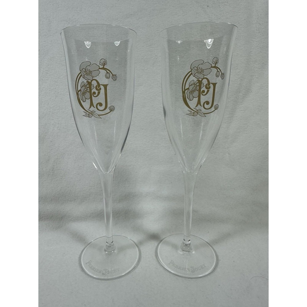 Perrier Jouet Champagne Flutes 8" PJ Logo White Flowers Anemones Set Of 2/Pair
